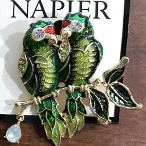 NAPIER Tropical Pair of Parrots Gold Green & Red Enamel Crystal Brooch Pin**NEW!
